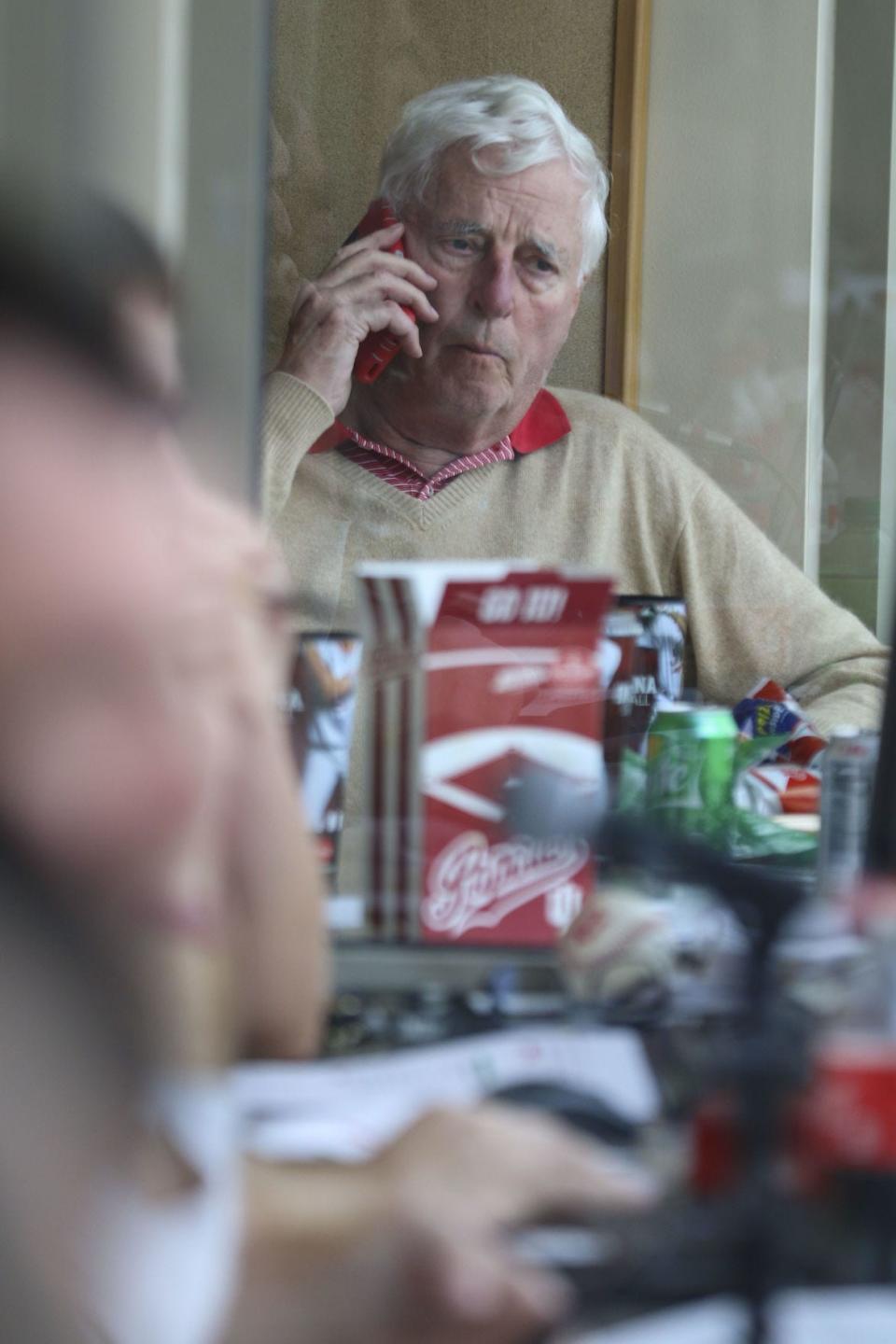 Former IU basketball coach Bob Knight sits in the press box at Bart Kaufman Field during an April 6 game against Penn State. (Alexis Oser / Herald-Times)