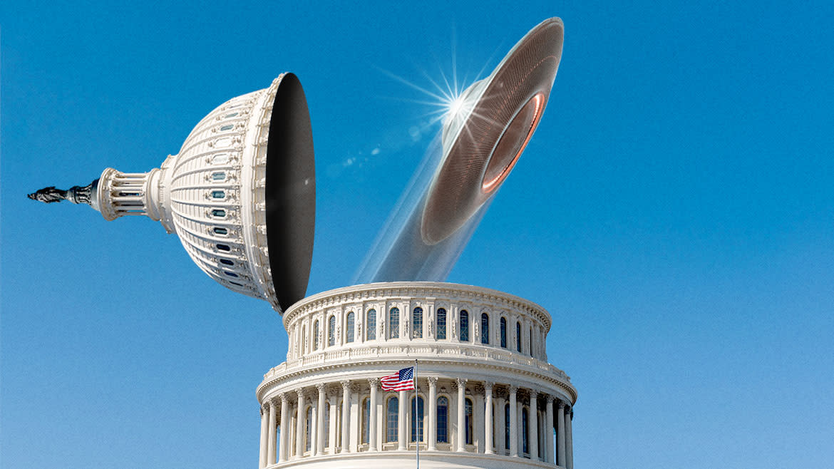 A photo illustration of an alien spaceship flying into the top portion of the Capitol building, the top of which appears to be open like a lid.