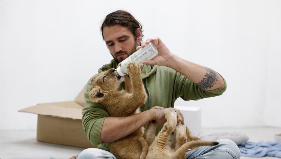 Dr. Andrew Kushnir bottle-feeding a lion cub at the Poznan Zoo.