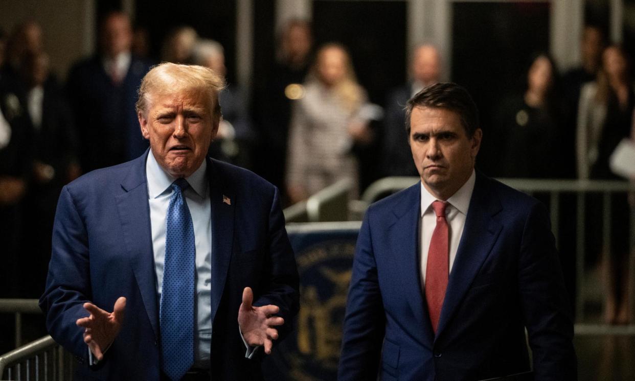 <span>Donald Trump speaks to the media after a day of testimony in his trial at Manhattan criminal court on Thursday.</span><span>Photograph: Victor J Blue/AP</span>