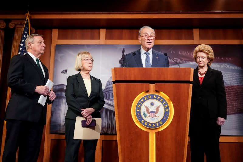 Senate Democratic leaders speak to media prior Trump impeachment trial reconvening in Washington