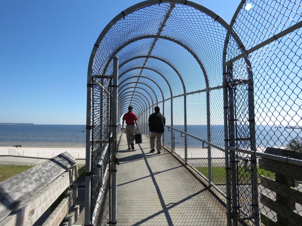 St. Stanislaus HIgh School oyster garden interns Dylan McShane, left, and Colin Wood, both 12th graders, walk down the school's pier toward its oyster garden in Bay St. Louis, Miss. on Monday, Nov. 15, 2021. The school is among more than 50 locations in Mississippi and more than 1,000 nationwide -- most of them private docks -- where people are growing oysters in raised cages to help build build and restore reefs. (AP Photo/Janet McConnaughey)