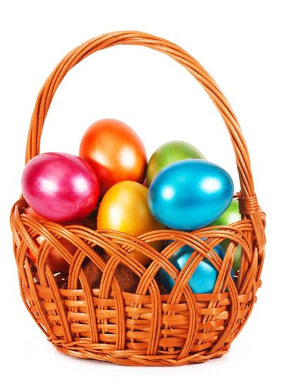 multicoloured eggs in a basket.