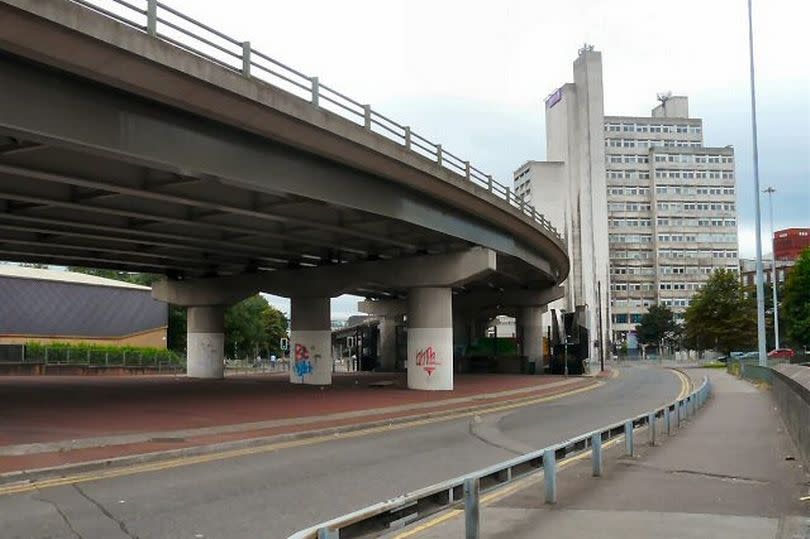 Looking underneath the Mancunian Way East of London Road. August 14, 2009