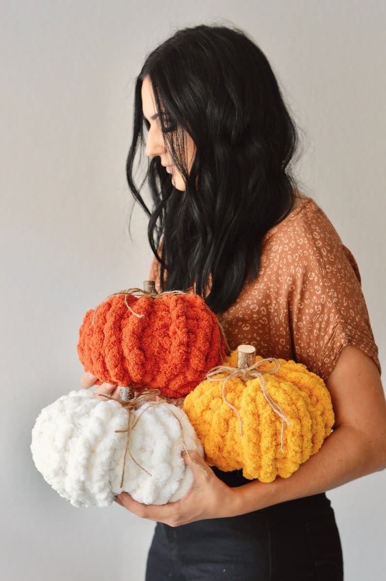 1) Hand Knit Chunky Chenille Yarn Pumpkin Fall Decor