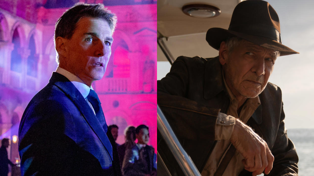  Tom Cruise stands at a colorful party in Mission: Impossible 7, and Harrison Ford crouches on a boat in Indiana Jones 5, pictured side-by-side. 