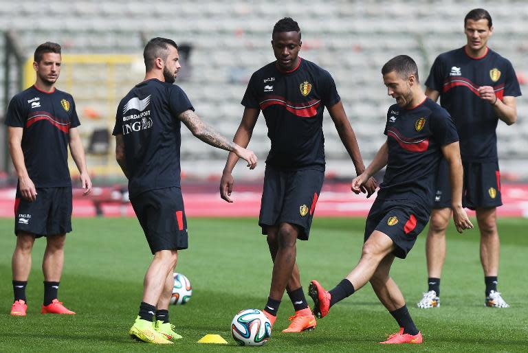 Belgian players take part in the last training session before their departure for the 2014 FIFA World Cup in Brazil in Brussels on June 8, 2014