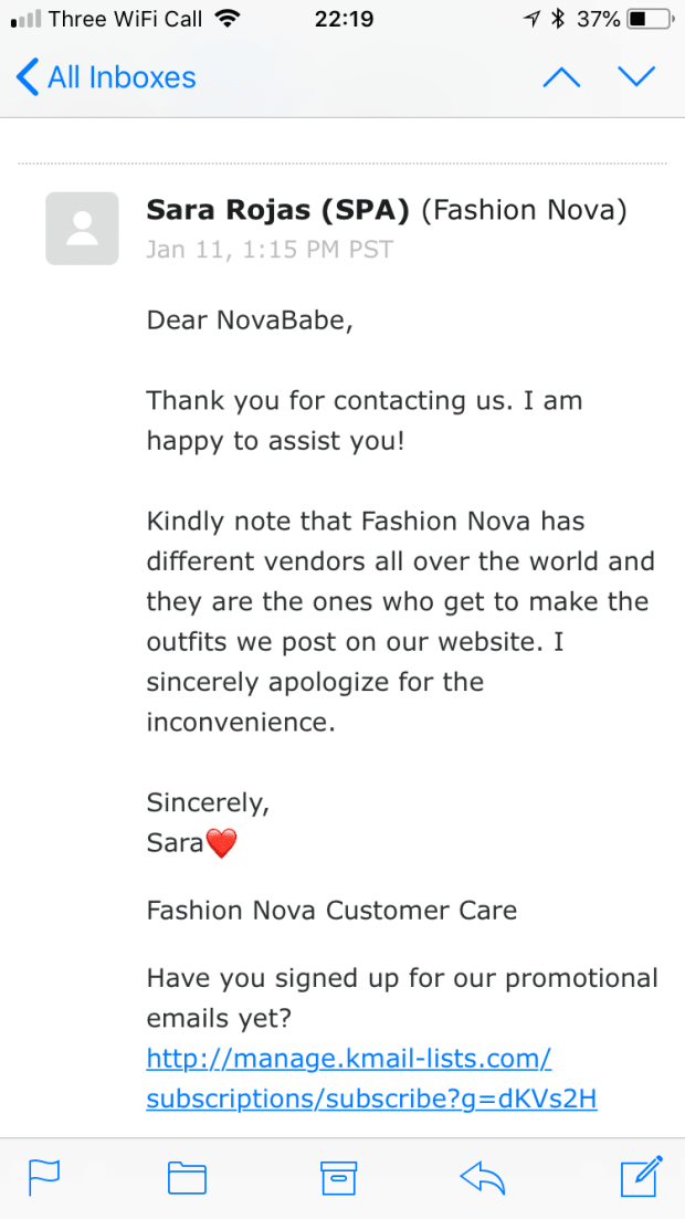 A screenshot of Wilden's correspondence with Fashion Nova. Photo: Courtesy of Luci Wilden