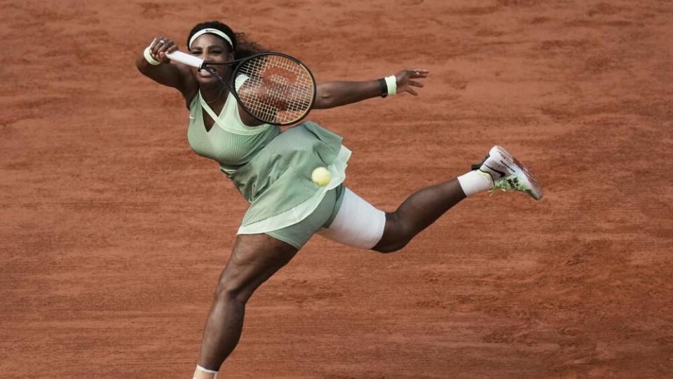 United States Serena Williams plays a return to Kazakhstan’s Elena Rybakina during their fourth round match on day 8, of the French Open tennis tournament at Roland Garros in Paris, France, Sunday, June 6, 2021. (AP Photo/Thibault Camus)