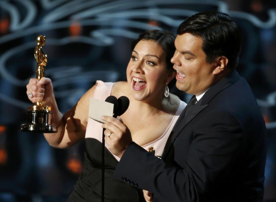 Kristen Anderson-Lopez and Lopez win for their song "Let It Go", best original song for the film "Frozen" at the 86th Academy Awards in Hollywood