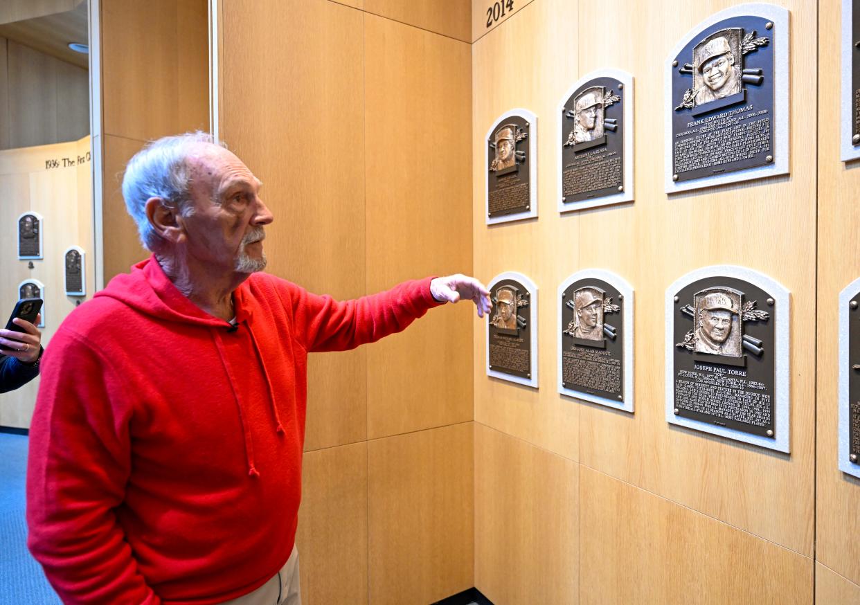 Newly elected Baseball Hall of Fame inductee Jim Leyland tours the plaque room after a news conference Tuesday, Jan. 30, 2024, in Cooperstown, New York.