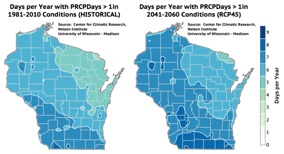 Days per year with more than 1 inch of precipitation in a day. Historical average from 1981-2010 vs. projected average for 2041-2060.