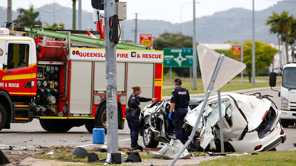 Townsville police at the scene of a deadly car crash that killed four teenagers.