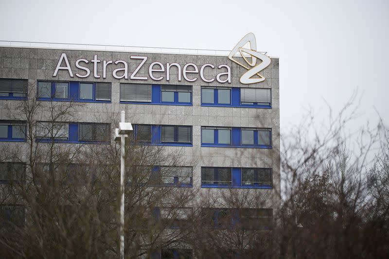 The logo of the German branch of British-Swedish pharmaceutical company AstraZeneca is pictured in Wedel