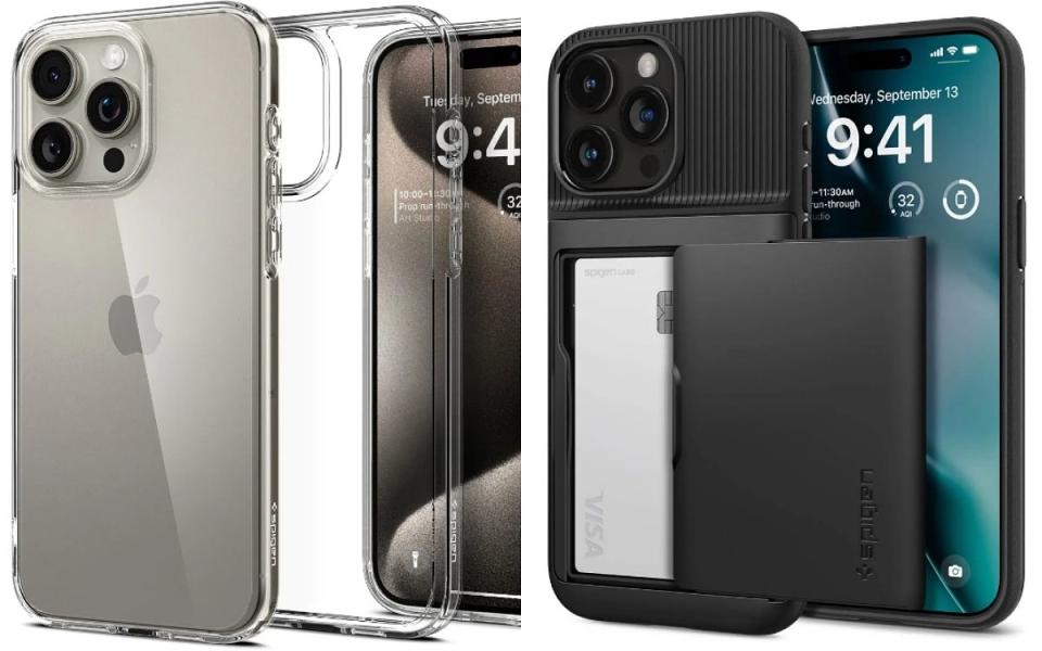 Spigen iPhone 15  Ultra Hybrid-防摔保護殼NT$690(左)\Spigen iPhone 15  Pro Max Ultra Hybrid-防摔保護殼NT$690(造型如左上)\Spigen iPhone 15  Pro (6.1吋) Slim Armor CS-卡夾軍規防摔保護殼NT$990(右)  Photo Via:Spigen