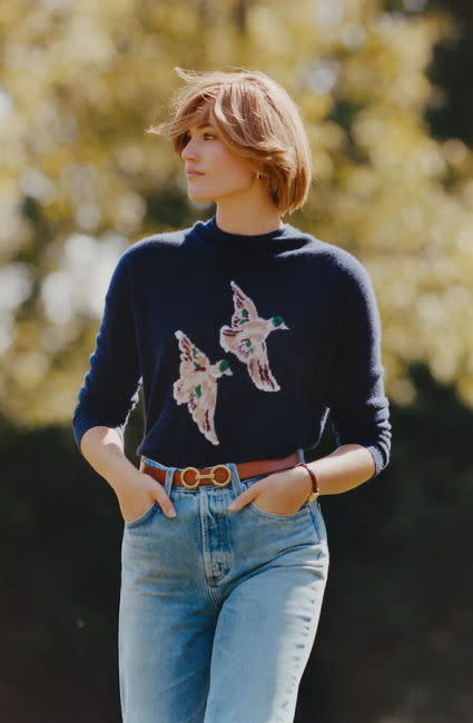 anthropologie princess diana jeans duck sweater