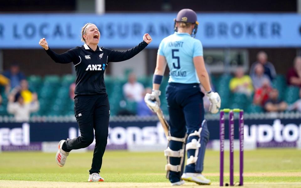 New Zealand's Lea Tahuhu (left) celebrates after taking the wicket of England's Heather Knight during the third ODI at Uptonsteel County Ground, Leicester. - PA