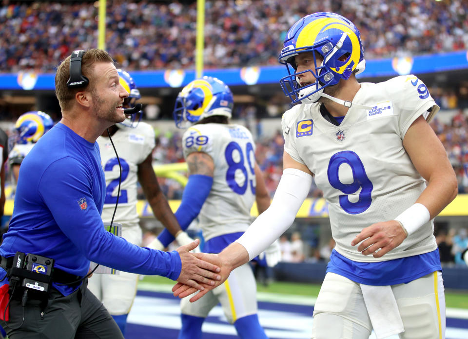 INGLEWOOD, CALIFORNIA - SEPTEMBER 26: Head coach Sean McVay of the Los Angeles Rams celebrates a third quarter touchdown throw by Matthew Stafford #9 in the game against the Tampa Bay Buccaneers at SoFi Stadium on September 26, 2021 in Inglewood, California. (Photo by Katelyn Mulcahy/Getty Images)