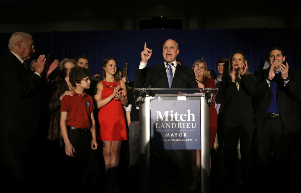 Incumbent New Orleans Mayor Mitch Landrieu addresses supporters after winning reelection in New Orleans, Saturday, Feb. 1, 2014. (AP Photo/Gerald Herbert)
