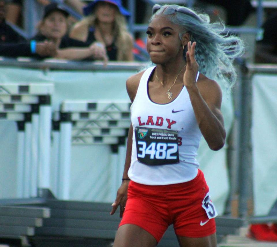 Cynteria James (3482) races in the girls 100-meter dash during the FHSAA Class 4A high school track and field championship in Jacksonville on May 20, 2023. [Clayton Freeman/Florida Times-Union]