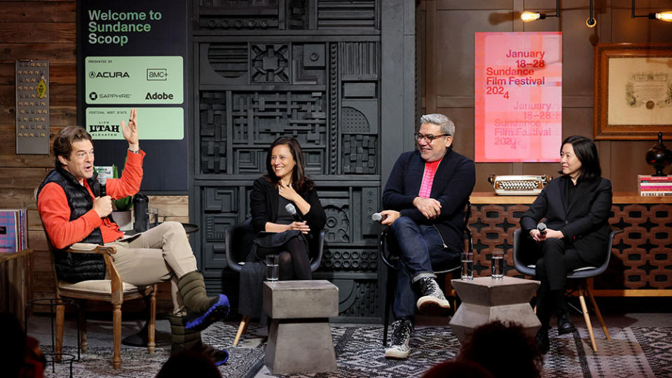 Jason Blum, Joana Vicente, Eugene Hernandez and Kim Yutani speak onstage at the Sundance Scoop Press Conference during the 2024 Sundance Film Festival at Filmmaker Lodge on January 18, 2024 in Park City, Utah.