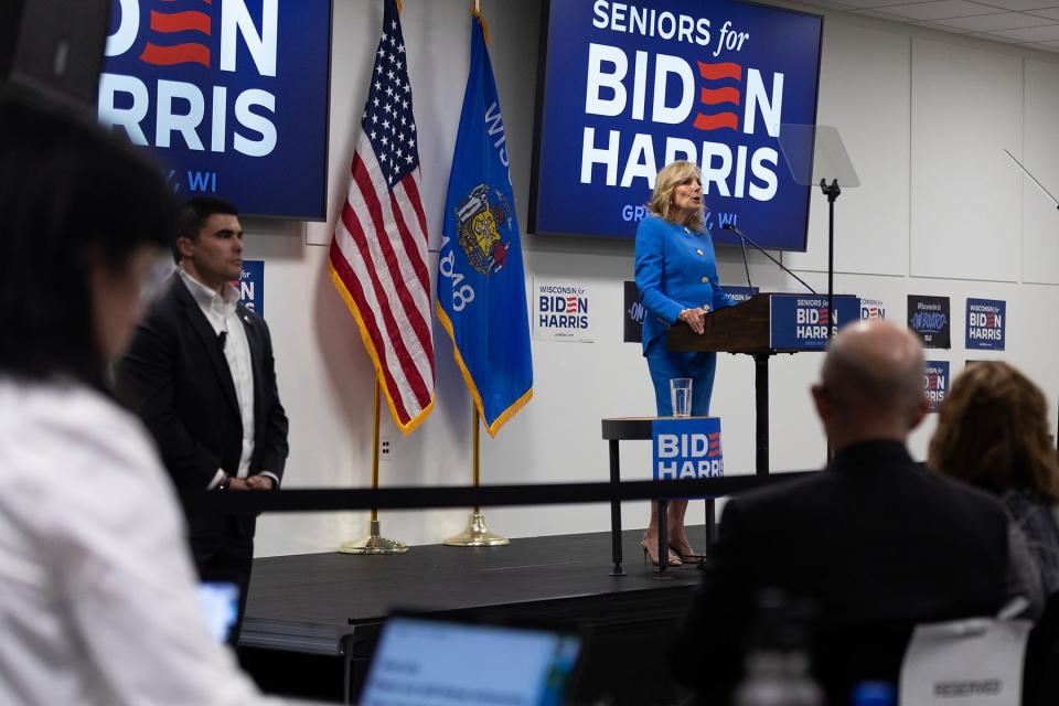 First lady Jill Biden campaigns Thursday, June 13, 2024, at a Seniors for Biden-Harris event at the Brown County Central Library in Green Bay, Wis.