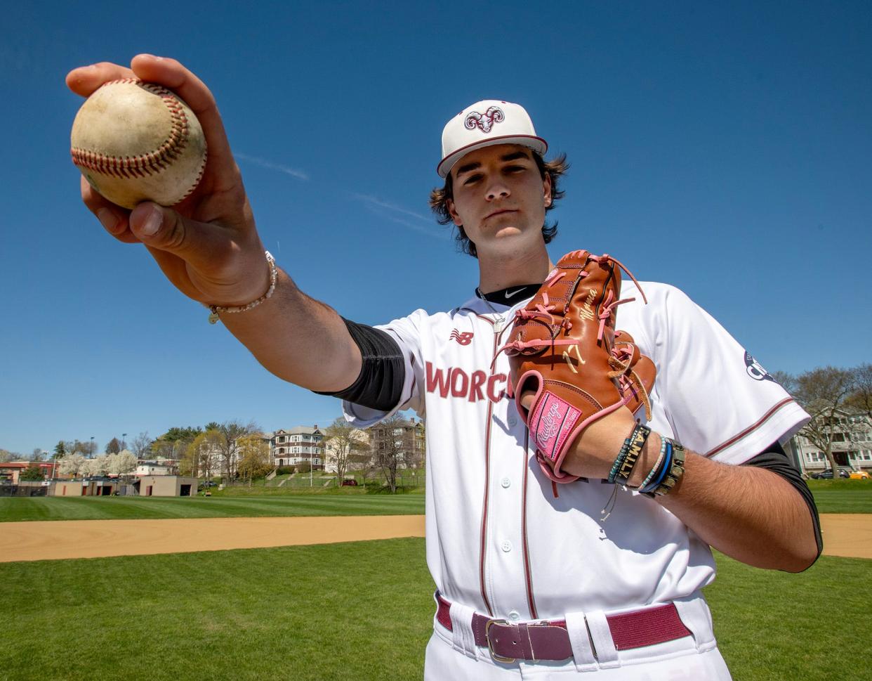 Worcester Academy’s Mavrick Rizy on the mound at Gaskill Field in Worcester Friday.