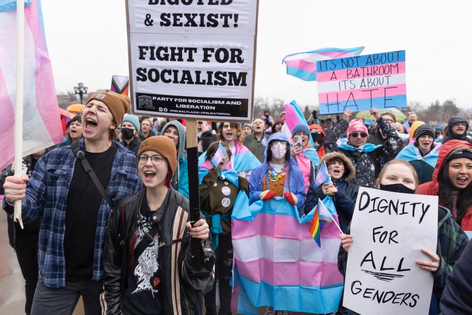 Demonstrators gather on the steps of the Capitol protesting in opposition to HB257 in Salt Lake City on Thursday, Jan. 25, 2024. | Marielle Scott, Deseret News