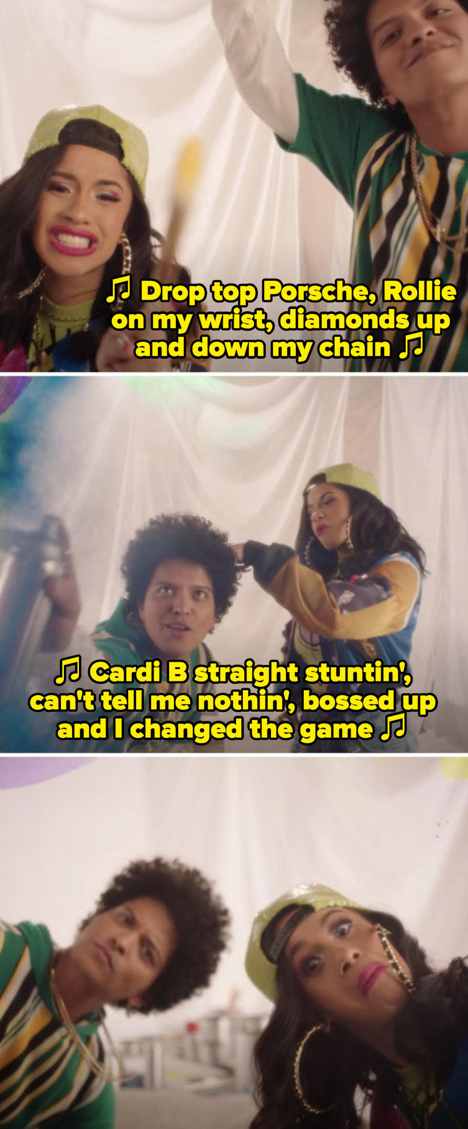 Cardi B and Bruno Mars in their "Finesse (Remix)" music video, rapping: "Cardi B straight stunin', can't tell me nothin', bossed up and I changed the game"