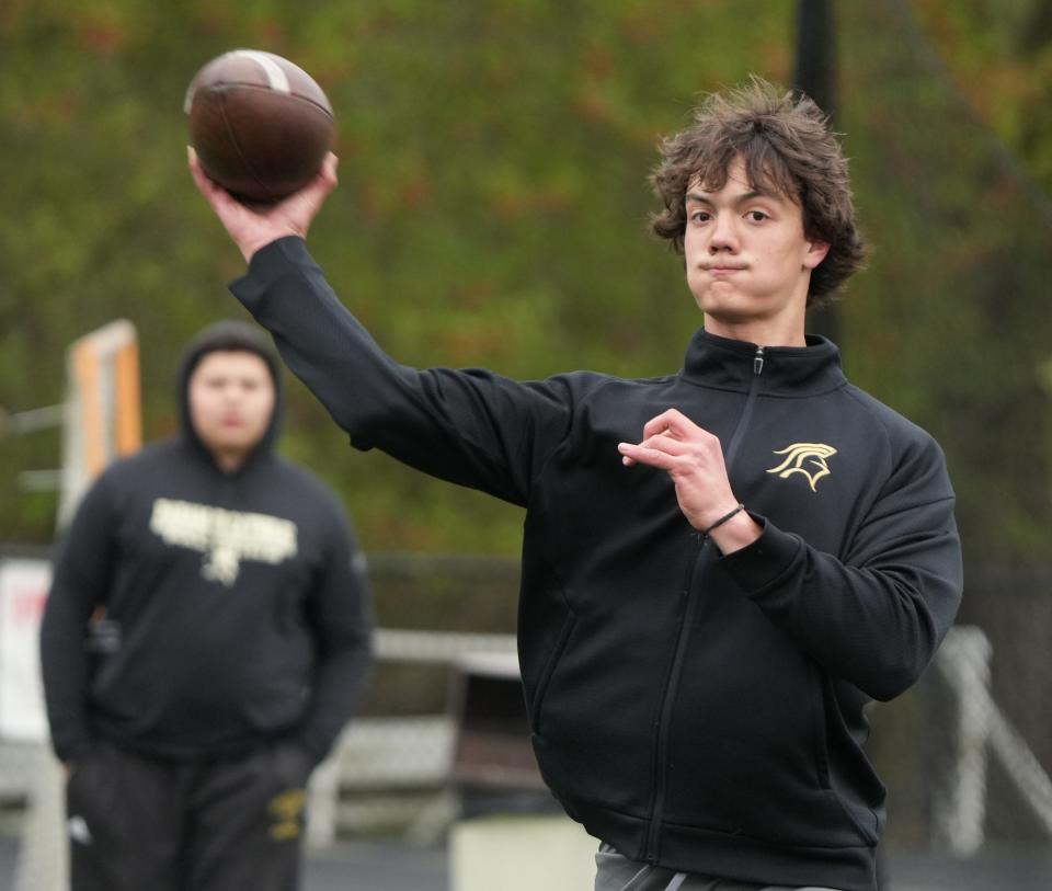 Paramus, NJ -- April 18, 2024 -- Quarterback, Marco Green for Paramus Catholic during their Spring HS Football workout.