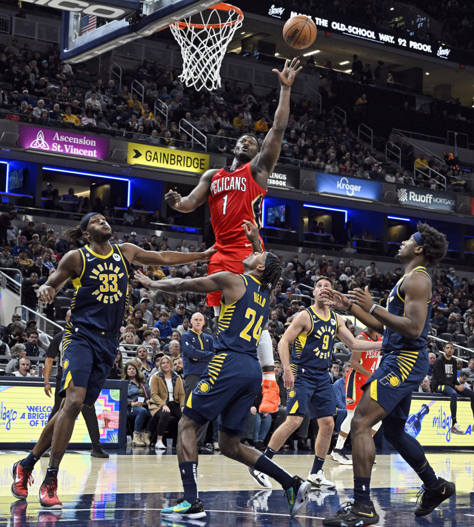New Orleans Pelicans forward Zion Williamson (1) shoots over the Indiana Pacers defenseduring the second quarter of an NBA Basketball game, Monday, Nov. 7, 2022, in Indianapolis, Ind. (AP Photo/Marc Lebryk)