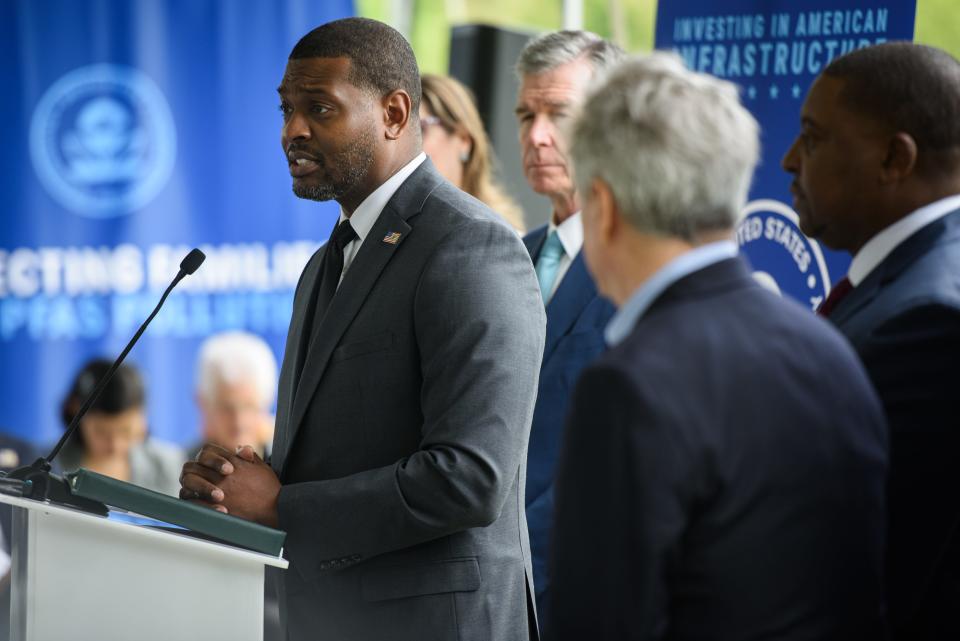 EPA Administrator Michael S. Regan speaks at a press conference announcing the first-ever national, legally enforceable drinking water standard for PFAS chemicals on Wednesday, April 10, 2024, at the Hoffer Water Treatment Facility in Fayetteville.