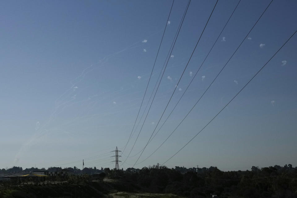 Israeli Iron Dome air defense system fires to intercept a rocket fired from the Gaza Strip, in southern Israel, Tuesday, Jan. 16, 2024. (AP Photo/Leo Correa)