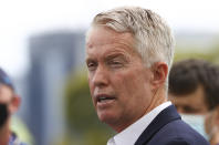 Australian Open tournament director Craig Tiley address the media in Melbourne, Australia, Thursday, Feb. 4. 2021. All competition at the six Australian Open tuneup events scheduled for Thursday were called off after a worker at one of the tournaments' Melbourne quarantine hotels tested positive for COVID-19. (Tennis Australia via AP)