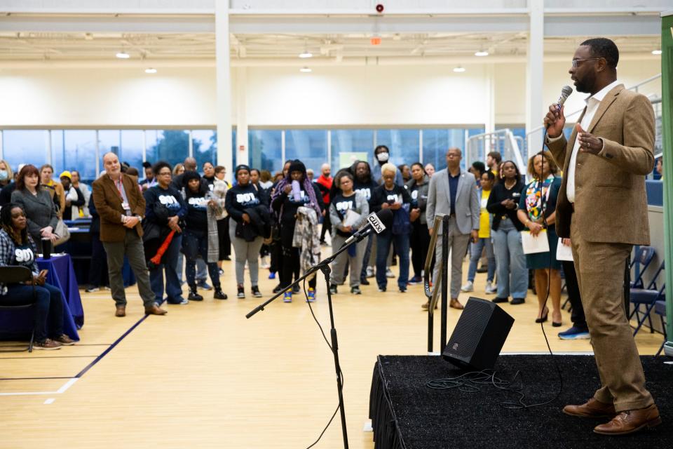 Mayor Paul Young speaks to the assembled volunteers and organizers at the start of Project Homeless Connect at the Memphis Sports and Events Center in Memphis, Tenn., on Thursday, January 25, 2024.