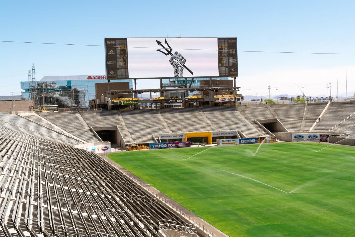 ASU basketball player Caleb Christopher designed a Black Lives Matter logo that was displayed on the scoreboard at Sun Devil Stadium for Juneteenth 2020.
