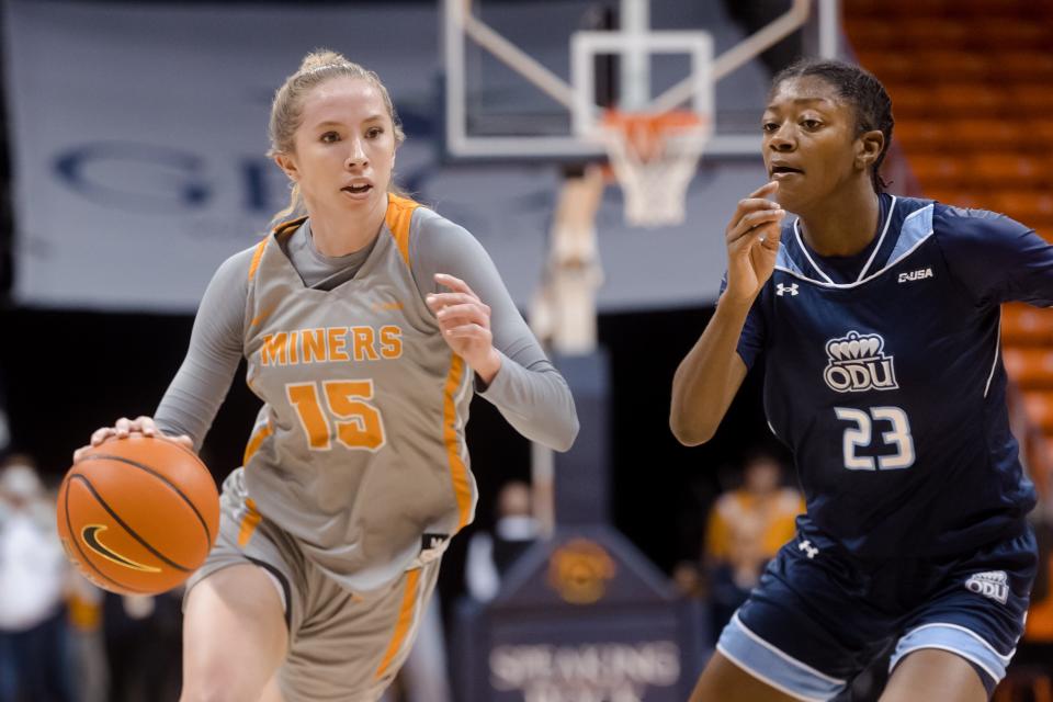 UTEP's Avery Crouse (15) at a women's basketball game against ODU Saturday, Jan. 15, 2022, at the Don Haskins Center in El Paso.