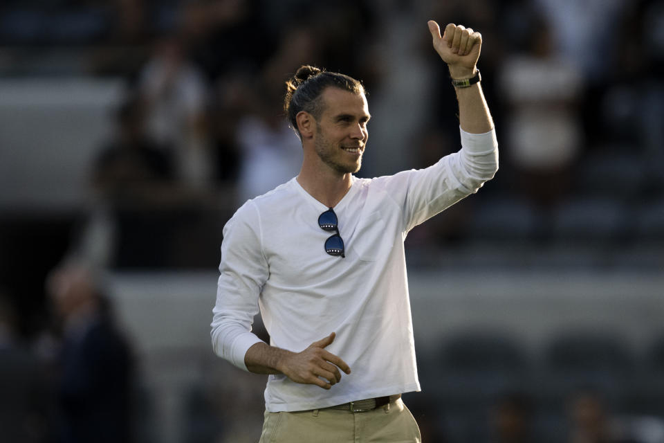 Los Angeles FC's Gareth Bale gestures toward the stands before the team's MLS soccer match against the LA Galaxy in Los Angeles, Friday, July 8, 2022. (AP Photo/Kyusung Gong)
