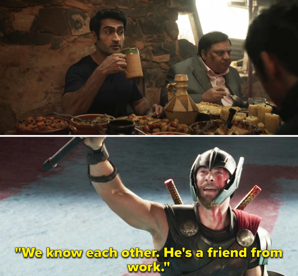 Thor saying, "We know each other. He's a friend from work"