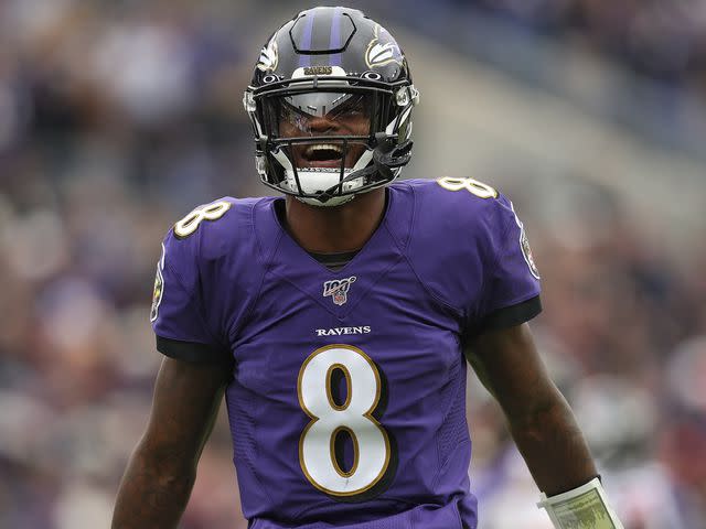 <p>Patrick Smith/Getty</p> Lamar Jackson during the second quarter against the Houston Texans at M&T Bank Stadium on November 17, 2019 in Baltimore, Maryland.