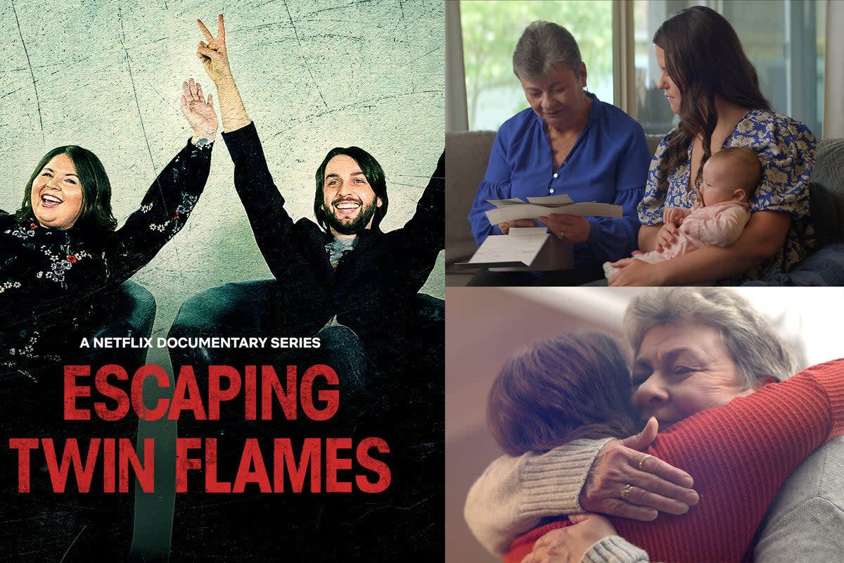 Left: ‘Escaping Twin Flames’ on Netflix looks into Jeff and Shaleia Ayan (pictured); Top right: Louise Cole and Paula Hardy; Bottom right:  Louise Cole and the mother of another Twin Flames Universe member  (Netflix)