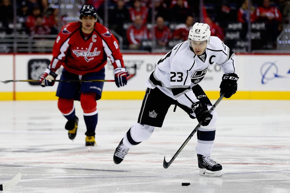 WASHINGTON, DC - FEBRUARY 16: Dustin Brown #23 of the Los Angeles Kings skates with the puck in front of Alex Ovechkin #8 of the Washington Capitals in the first period at Verizon Center on February 16, 2016 in Washington, DC.  (Photo by Rob Carr/Getty Images)