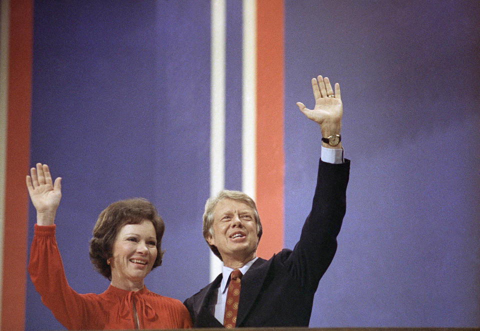 FILE - In this July 15, 1976 file photo Jimmy Carter with Wife Rosalynn Carter at the National Convention in Madison Square Garden in New York. Jimmy Carter and his wife Rosalynn celebrate their 75th anniversary this week on Thursday, July 7, 2021. (AP Photo, File)