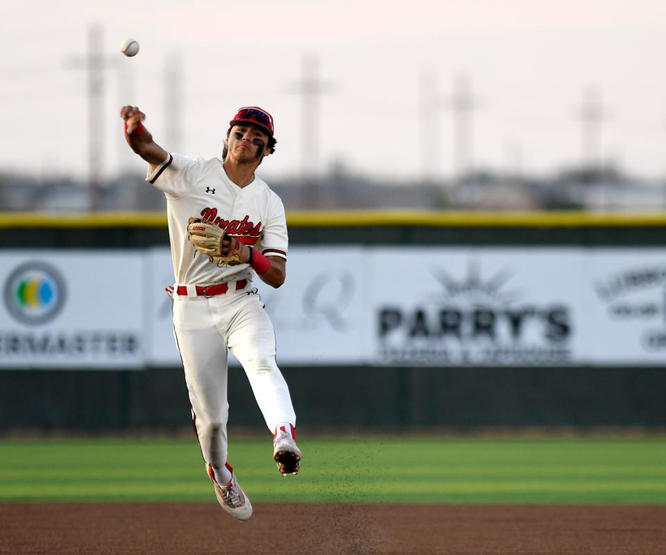 Lubbock-Cooper's Josiah Gonzales throws the ball to first base against Abilene High in a District 4-5A baseball game, Tuesday, April 25, 2023, at First United Park in Woodrow.