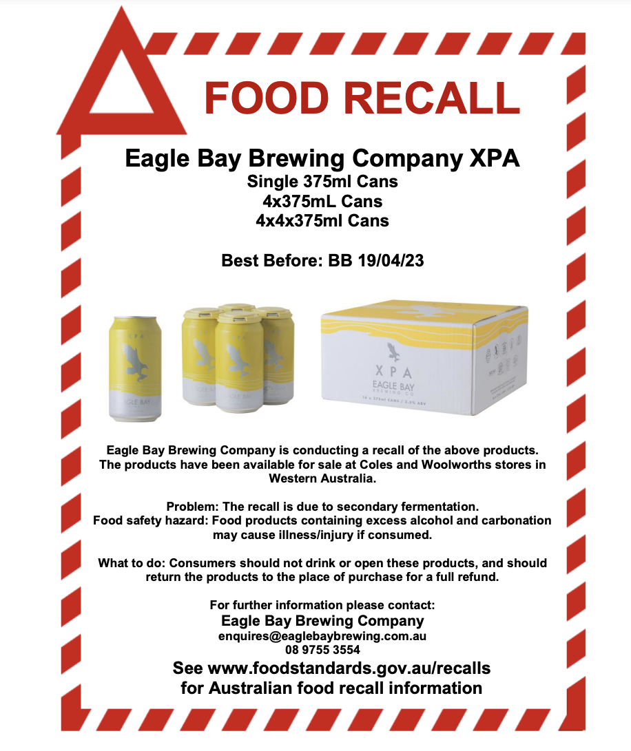 Customers are advised to return the product for a full refund. Source: Food Standards Australia New Zealand 