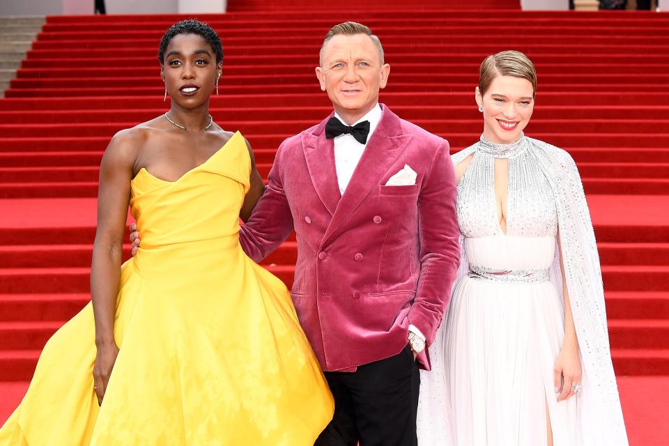 Lashana Lynch, Daniel Craig and Léa Seydoux attend the World Premiere of "NO TIME TO DIE" at the Royal Albert Hall on September 28, 2021 in London