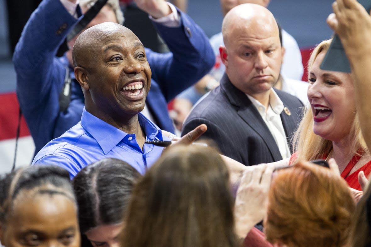 Republican presidential candidate Tim Scott greets his supporters after announcing his candidacy for president of the United States on the campus of Charleston Southern University in North Charleston, S.C., Monday, May 22, 2023. (AP Photo/Mic Smith)