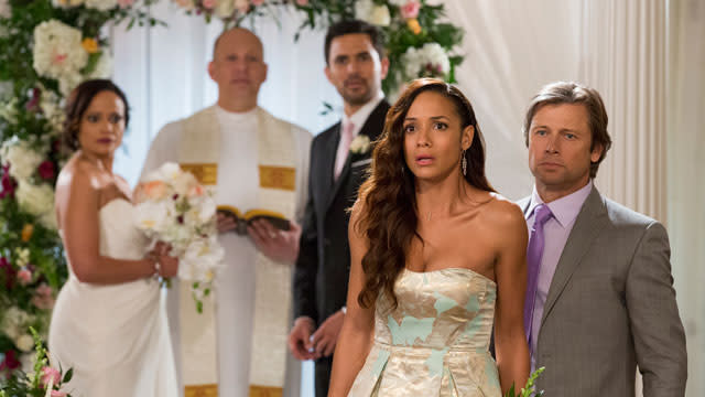 The twists and turns just keep on coming! This season of <em>Devious Maids</em> is proving to be the most shocking one yet thanks to fresh faces, new murders, and old husbands coming back from the dead. (Just your typical Beverly Hills drama, right?) To get the scoop on the juiciest storyline of the season, ETonline called up star <strong>Dania Ramirez </strong>to talk all about Rosie's extremely "complicated" love triangle involving her new groom Spence ( <strong>Grant Show</strong>) and her other husband Ernesto ( <strong>Cristián de la Fuente</strong>), whom she thought died in Mexico years ago. Cue the <em>dun dun duuuun</em>! "I was shocked!" Ramirez said of when she first found out that Ernesto was actually alive. "But I really loved [the twist]. I thought that it was a different way to create more of a love triangle for Rosie and Spence, and that's always interesting… This season we get to peel back all of the different layers of Rosie. It’s been super fun getting to explore that." <strong> WATCH: Summer TV Preview: The 9 Hottest Shows You Can't Miss! </strong> Now that Rosie discovered the truth (and fainted!) at one of the most jaw-dropping weddings in <em>Devious Maids</em>' history, this week's hour is all about Rosie coming to terms with the truth. "Tonight's episode is actually really great because Rosie won't stay in the dark for any longer," the brunette beauty shared. "That's what I love about the show this year. We're really throwing in these dilemmas and then having the characters deal with them right away." Lifetime Ramirez confessed that Rosie is now going to have to listen carefully to what her heart really wants. "Rosie is also going to have to deal with the fact that Ernesto is the father of her son and, if you've been watching from season one, you know that family is all that matters to her," the actress explained. "She's going to have to take her son into consideration now that she's dealing with the fact that Ernesto is very much alive, and very much still in love with her, and very much trying to get her back." <strong> NEWS: What Shows to Binge-Watch This Summer! </strong> Adding to her confusion, Rosie must also confront the marriage-related grey area that she is currently living in. "She's going to face the question of what it means to the church when you marry someone and then also what happens when her husband -- who she thought was dead -- is actually alive. The question is going to get thrown out there: 'Is her marriage [to Spence] valid?'" She added, "Also, she married Ernesto in Mexico and she married Spence in the United States, so what does that mean?" We don’t know, but we can't wait to find out! So is Ramirez on Team Ernesto or Team Spence? "I want to just see Rosie happy," she said. "So she has to figure it out for herself what that is." <strong><em> Devious Maids</em> airs Mondays at 9 p.m. on Lifetime. </strong>