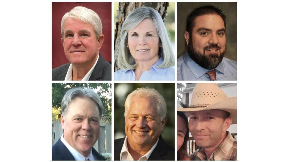 Six candidates in Middleton are running for mayor and city council in the upcoming Nov. 7, 2023 general election in Idaho. Candidates from top left are Steven Rule, Jackie Hutchison and Tyson Sparrow. Candidates from bottom left are Timothy O’Meara, Mark Christiansen and Ray Waltemate.