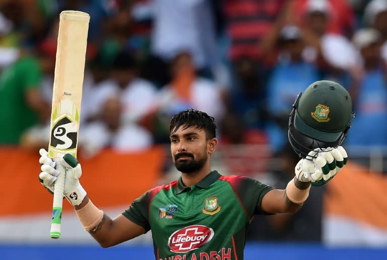 Ton up: Bangladesh batsman Liton Das celebrates after scoring his century